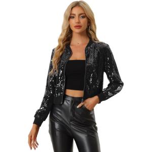 imageAllegra K Womens Halloween Sequin Jacket 2024 Fall Party Shiny Glitter Sparkly Bomber JacketsBlack