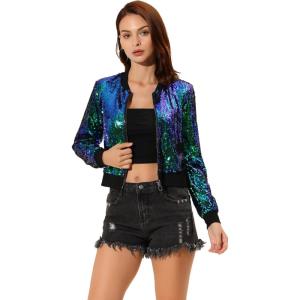 imageAllegra K Womens Halloween Sequin Jacket 2024 Fall Party Shiny Glitter Sparkly Bomber JacketsGreen