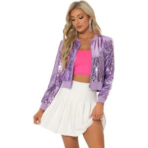 imageAllegra K Womens Halloween Sequin Jacket 2024 Fall Party Shiny Glitter Sparkly Bomber JacketsLight Purple