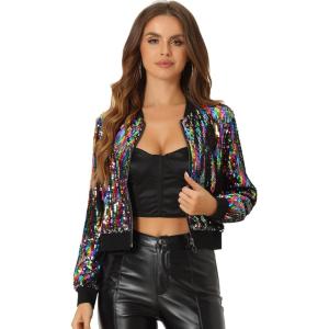 imageAllegra K Womens Halloween Sequin Jacket 2024 Fall Party Shiny Glitter Sparkly Bomber JacketsMulticolor