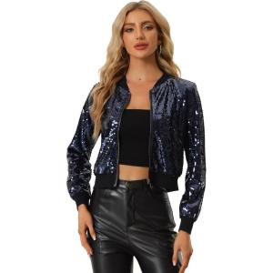 imageAllegra K Womens Halloween Sequin Jacket 2024 Fall Party Shiny Glitter Sparkly Bomber JacketsNavy