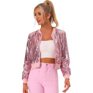 imageAllegra K Womens Halloween Sequin Jacket 2024 Fall Party Shiny Glitter Sparkly Bomber JacketsPink