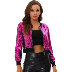 imageAllegra K Womens Halloween Sequin Jacket 2024 Fall Party Shiny Glitter Sparkly Bomber JacketsRose Red