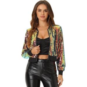 imageAllegra K Womens Halloween Sequin Jacket 2024 Fall Party Shiny Glitter Sparkly Bomber JacketsShiny Orange