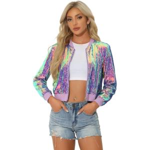 imageAllegra K Womens Halloween Sequin Jacket 2024 Fall Party Shiny Glitter Sparkly Bomber JacketsShiny Purple