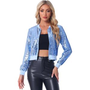 imageAllegra K Womens Halloween Sequin Jacket 2024 Fall Party Shiny Glitter Sparkly Bomber JacketsSky Blue