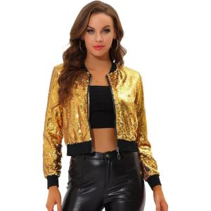 imageAllegra K Womens Halloween Sequin Jacket 2024 Fall Party Shiny Glitter Sparkly Bomber JacketsYellow