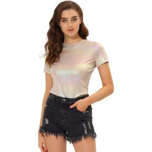 imageAllegra K Womens Halloween Shiny Glitter Shirt Holographic Party Disco Rainbow Metallic TopBeige