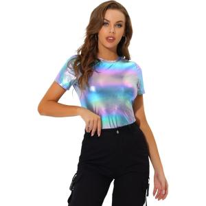 imageAllegra K Womens Halloween Shiny Glitter Shirt Holographic Party Disco Rainbow Metallic TopBlue