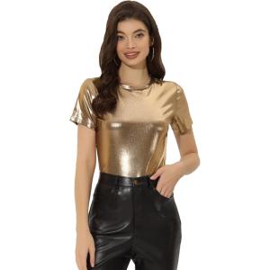 imageAllegra K Womens Halloween Shiny Glitter Shirt Holographic Party Disco Rainbow Metallic TopBrown Gold