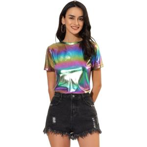 imageAllegra K Womens Halloween Shiny Glitter Shirt Holographic Party Disco Rainbow Metallic TopColorful