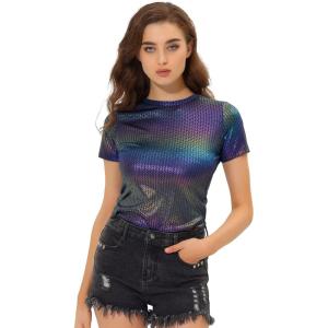 imageAllegra K Womens Halloween Shiny Glitter Shirt Holographic Party Disco Rainbow Metallic TopDark Blue