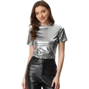 imageAllegra K Womens Halloween Shiny Glitter Shirt Holographic Party Disco Rainbow Metallic TopDark Silver