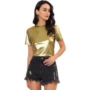 imageAllegra K Womens Halloween Shiny Glitter Shirt Holographic Party Disco Rainbow Metallic TopGold