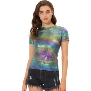 imageAllegra K Womens Halloween Shiny Glitter Shirt Holographic Party Disco Rainbow Metallic TopGreen