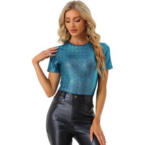 imageAllegra K Womens Halloween Shiny Glitter Shirt Holographic Party Disco Rainbow Metallic TopGreen Blue