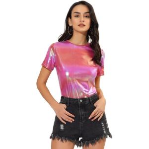 imageAllegra K Womens Halloween Shiny Glitter Shirt Holographic Party Disco Rainbow Metallic TopPink