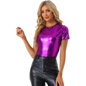 imageAllegra K Womens Halloween Shiny Glitter Shirt Holographic Party Disco Rainbow Metallic TopPurple