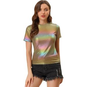 imageAllegra K Womens Halloween Shiny Glitter Shirt Holographic Party Disco Rainbow Metallic TopRainbow