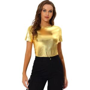 imageAllegra K Womens Halloween Shiny Glitter Shirt Holographic Party Disco Rainbow Metallic TopShiny Gold