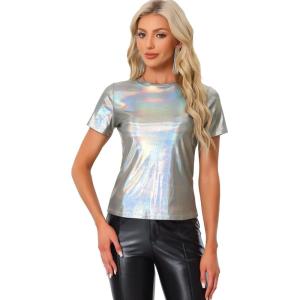 imageAllegra K Womens Halloween Shiny Glitter Shirt Holographic Party Disco Rainbow Metallic TopShiny Silver