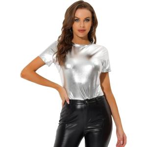 imageAllegra K Womens Halloween Shiny Glitter Shirt Holographic Party Disco Rainbow Metallic TopSilver