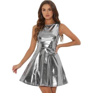 imageAllegra K Womens Metallic Sleeveless High Waist Club Party Disco Holographic DressBlack Silver