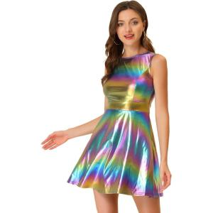 imageAllegra K Womens Metallic Sleeveless High Waist Club Party Disco Holographic DressBlue Purple