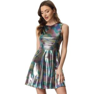 imageAllegra K Womens Metallic Sleeveless High Waist Club Party Disco Holographic DressMulticolor