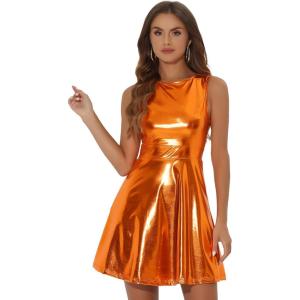 imageAllegra K Womens Metallic Sleeveless High Waist Club Party Disco Holographic DressOrange