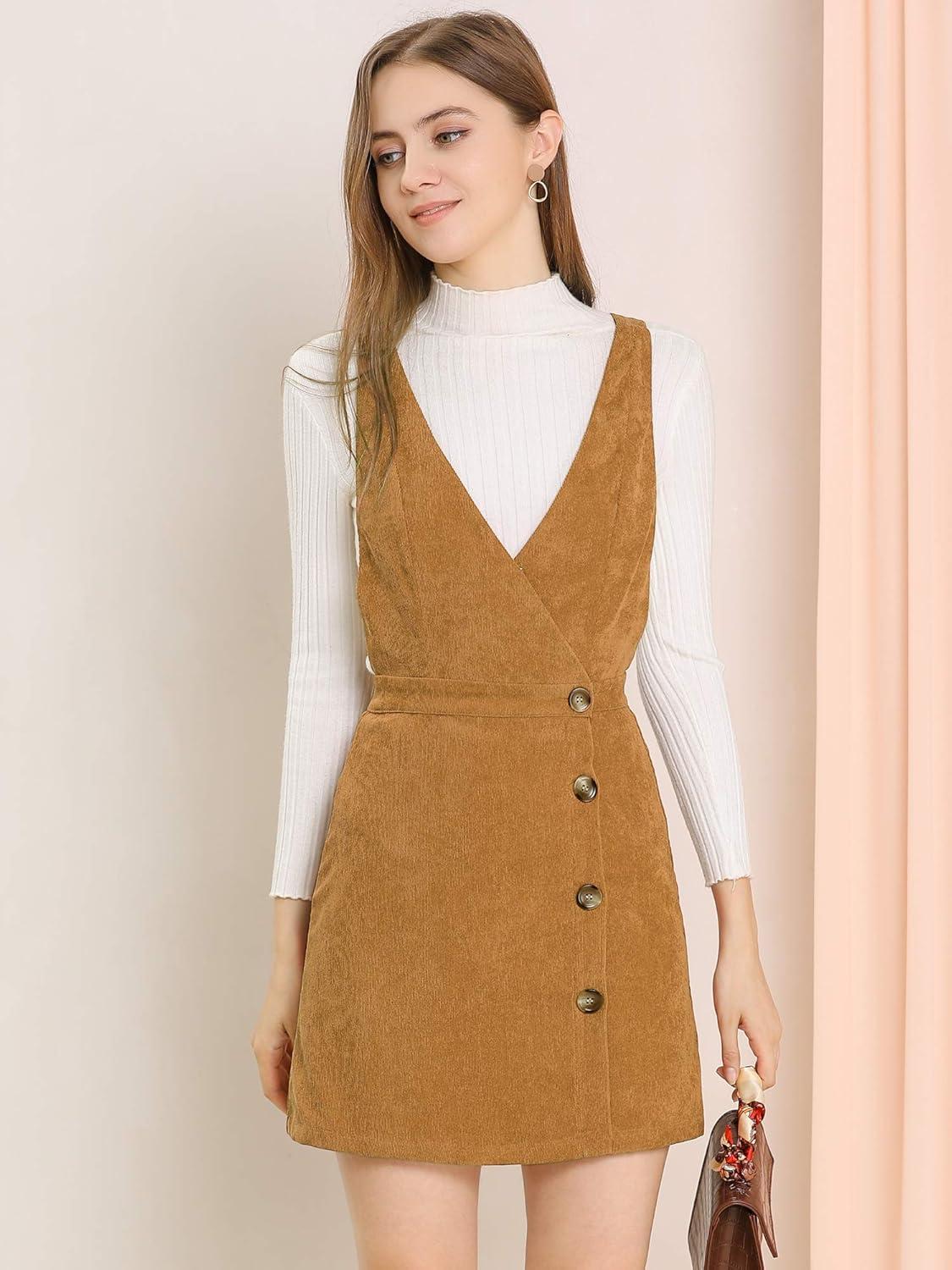 imageAllegra K Womens Corduroy Mini V Neck Vintage ALine Bib Christmas Overall Pinafore DressBrown
