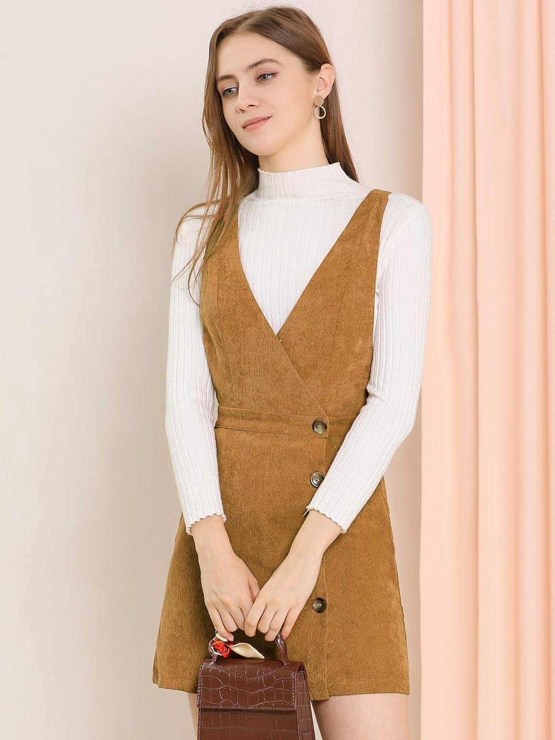 imageAllegra K Womens Corduroy Mini V Neck Vintage ALine Bib Christmas Overall Pinafore DressBrown