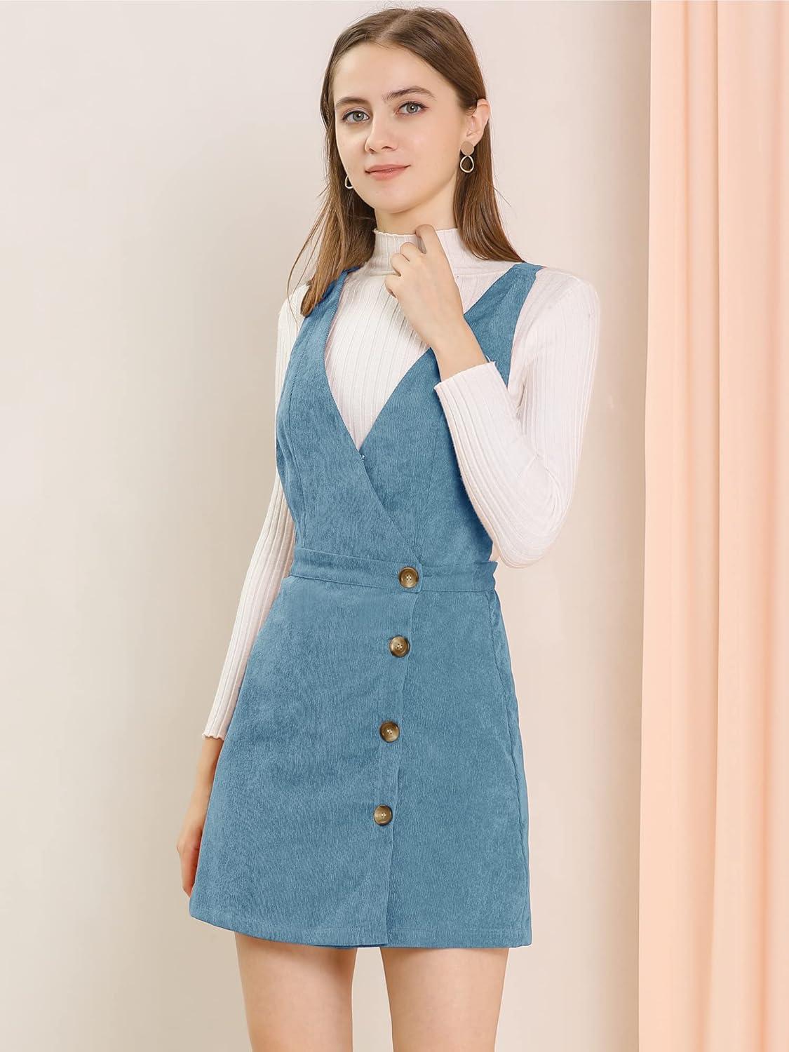 imageAllegra K Womens Corduroy Mini V Neck Vintage ALine Bib Christmas Overall Pinafore DressDusty Blue