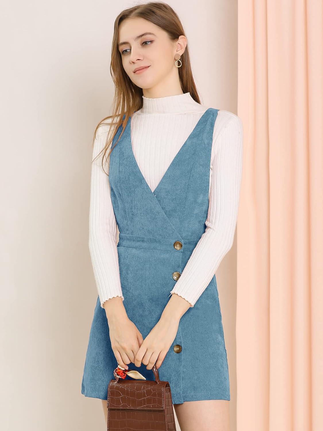 imageAllegra K Womens Corduroy Mini V Neck Vintage ALine Bib Christmas Overall Pinafore DressDusty Blue