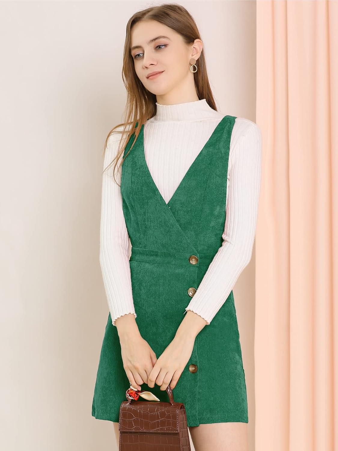 imageAllegra K Womens Corduroy Mini V Neck Vintage ALine Bib Christmas Overall Pinafore DressGreen