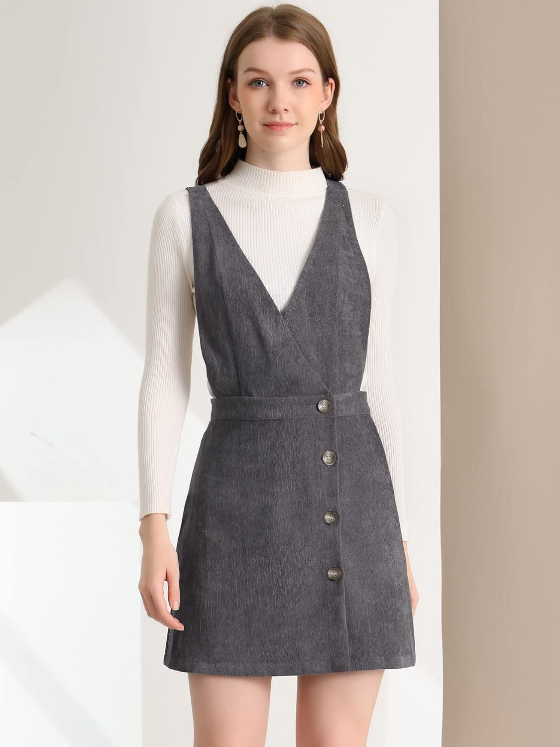 imageAllegra K Womens Corduroy Mini V Neck Vintage ALine Bib Christmas Overall Pinafore DressGrey