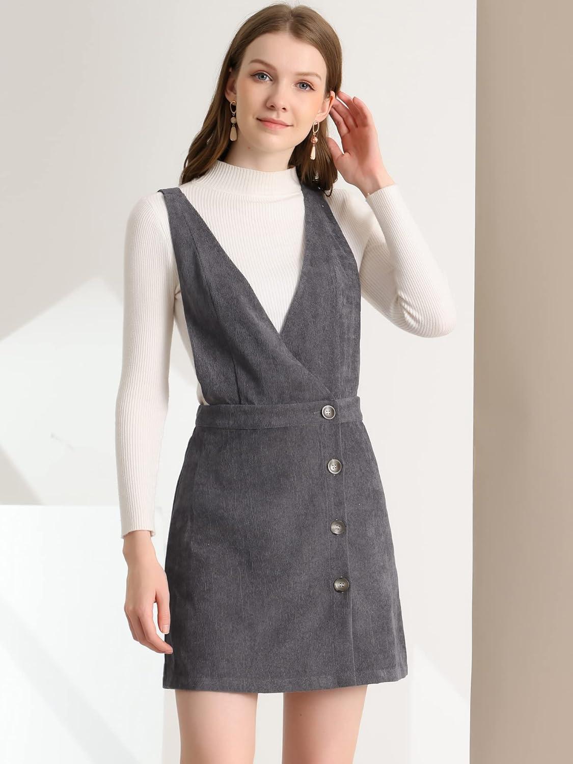 imageAllegra K Womens Corduroy Mini V Neck Vintage ALine Bib Christmas Overall Pinafore DressGrey