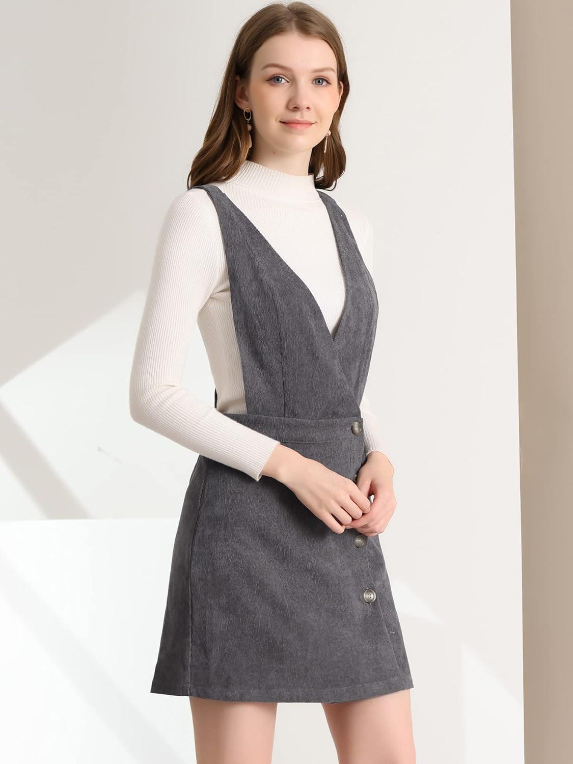 imageAllegra K Womens Corduroy Mini V Neck Vintage ALine Bib Christmas Overall Pinafore DressGrey