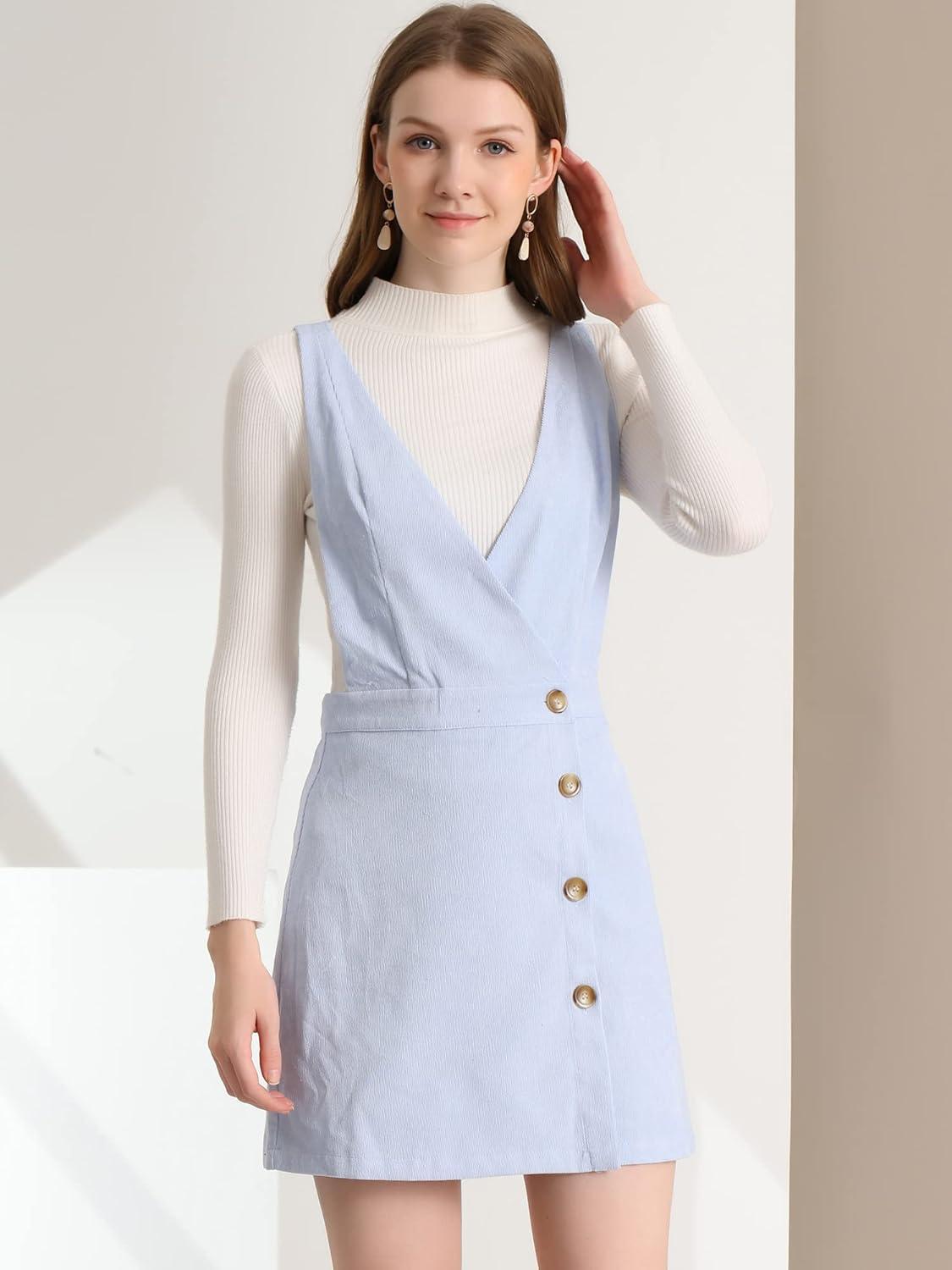 imageAllegra K Womens Corduroy Mini V Neck Vintage ALine Bib Christmas Overall Pinafore DressLight Blue