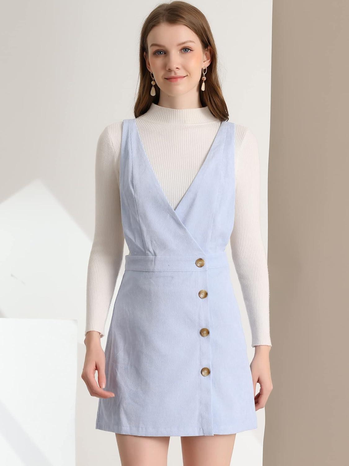 imageAllegra K Womens Corduroy Mini V Neck Vintage ALine Bib Christmas Overall Pinafore DressLight Blue
