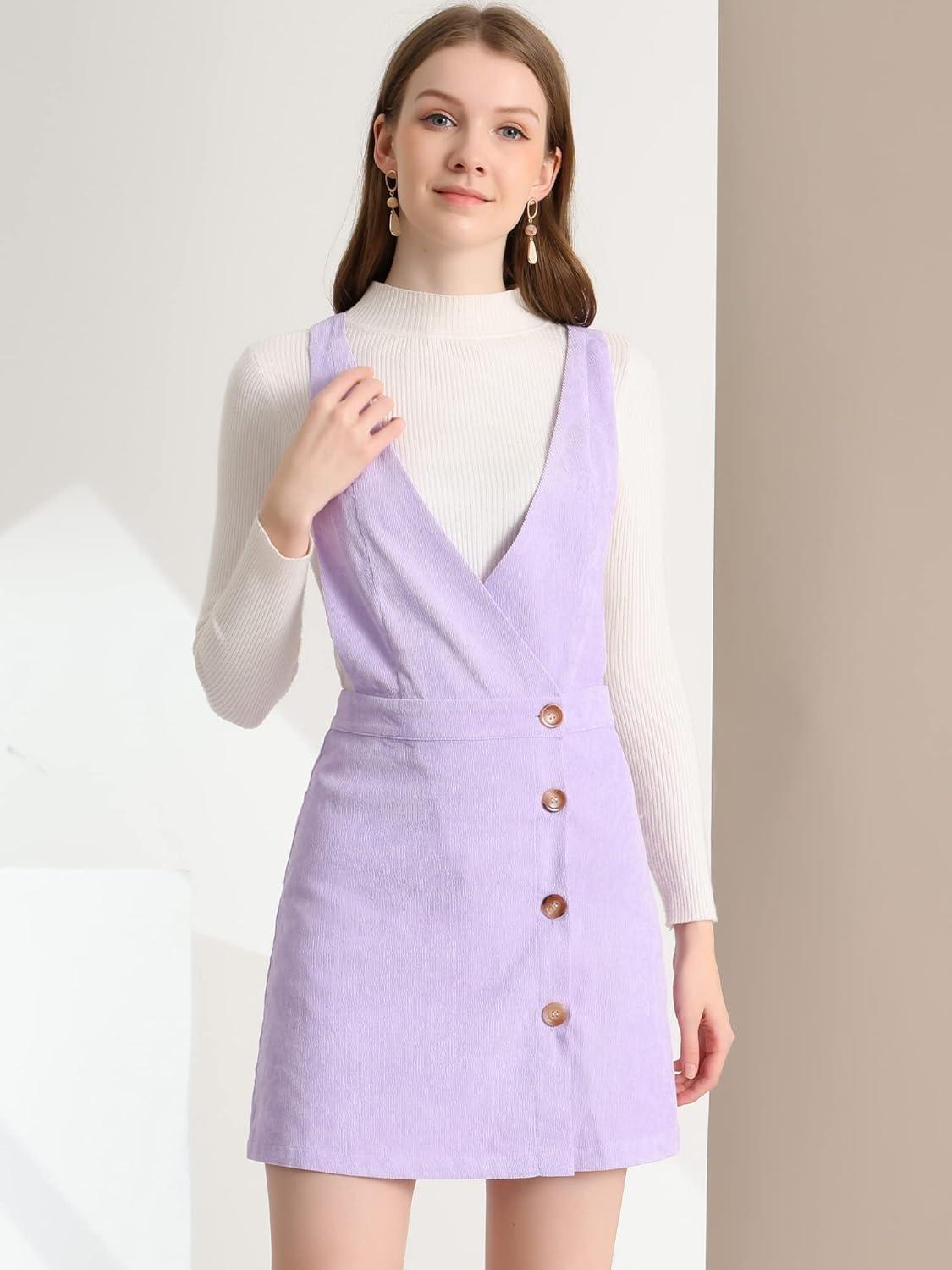 imageAllegra K Womens Corduroy Mini V Neck Vintage ALine Bib Christmas Overall Pinafore DressLight Purple