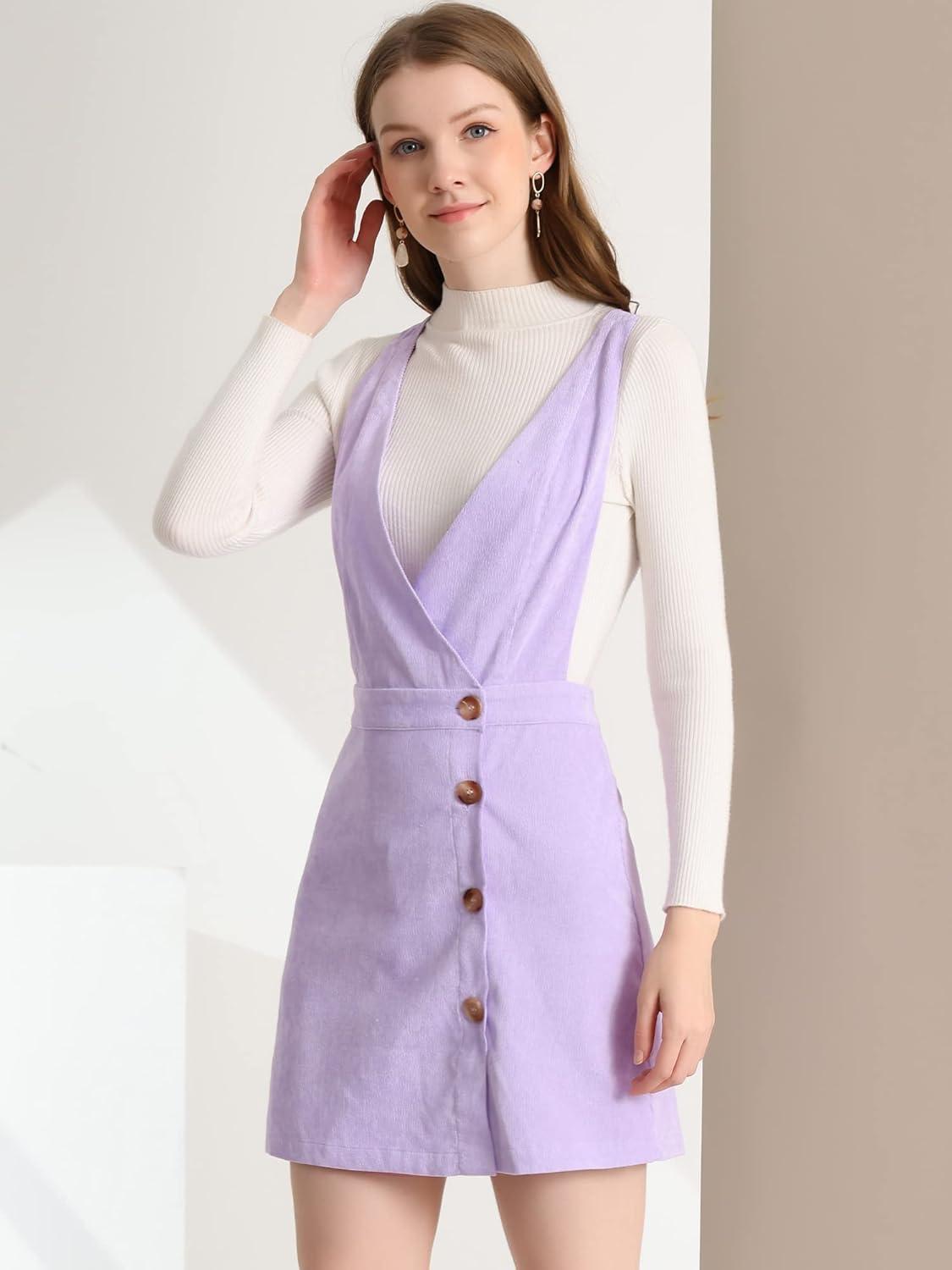 imageAllegra K Womens Corduroy Mini V Neck Vintage ALine Bib Christmas Overall Pinafore DressLight Purple