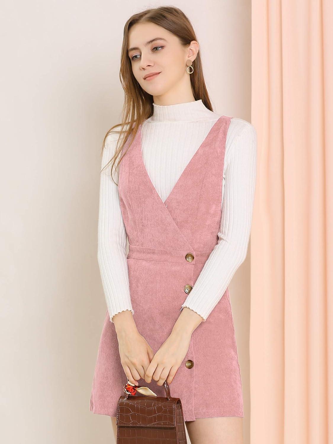 imageAllegra K Womens Corduroy Mini V Neck Vintage ALine Bib Christmas Overall Pinafore DressPink