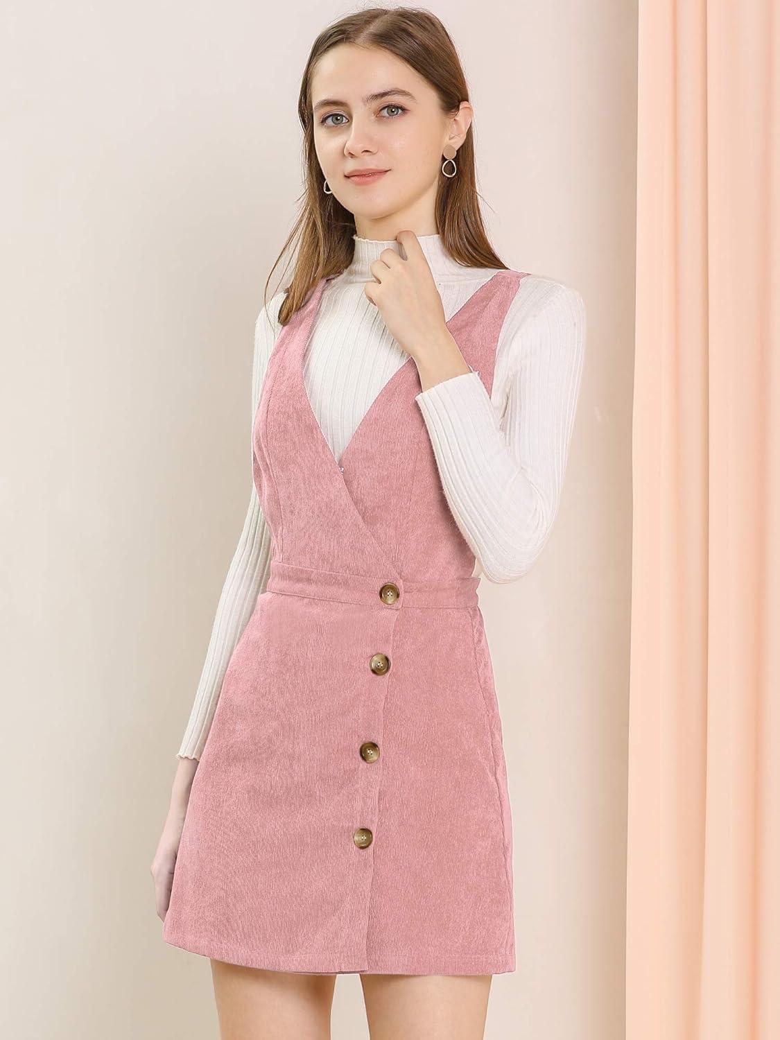 imageAllegra K Womens Corduroy Mini V Neck Vintage ALine Bib Christmas Overall Pinafore DressPink