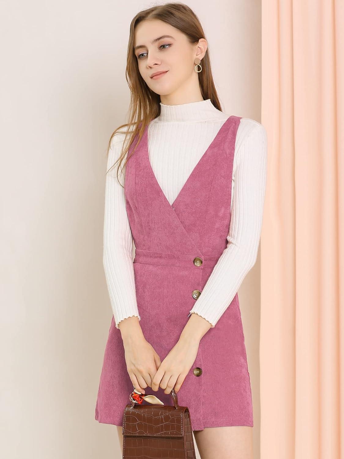 imageAllegra K Womens Corduroy Mini V Neck Vintage ALine Bib Christmas Overall Pinafore DressRose Red