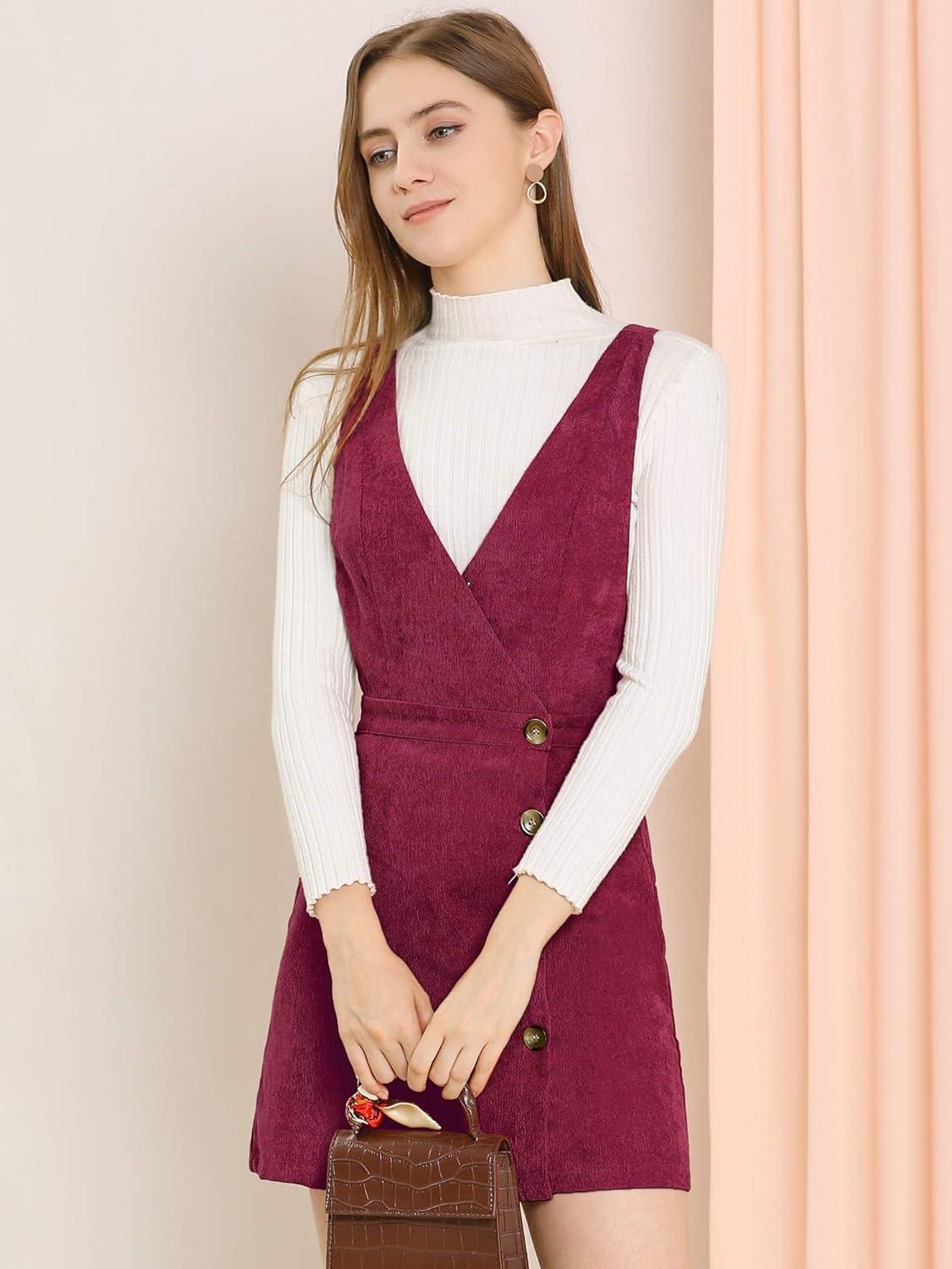 imageAllegra K Womens Corduroy Mini V Neck Vintage ALine Bib Christmas Overall Pinafore DressWine Red