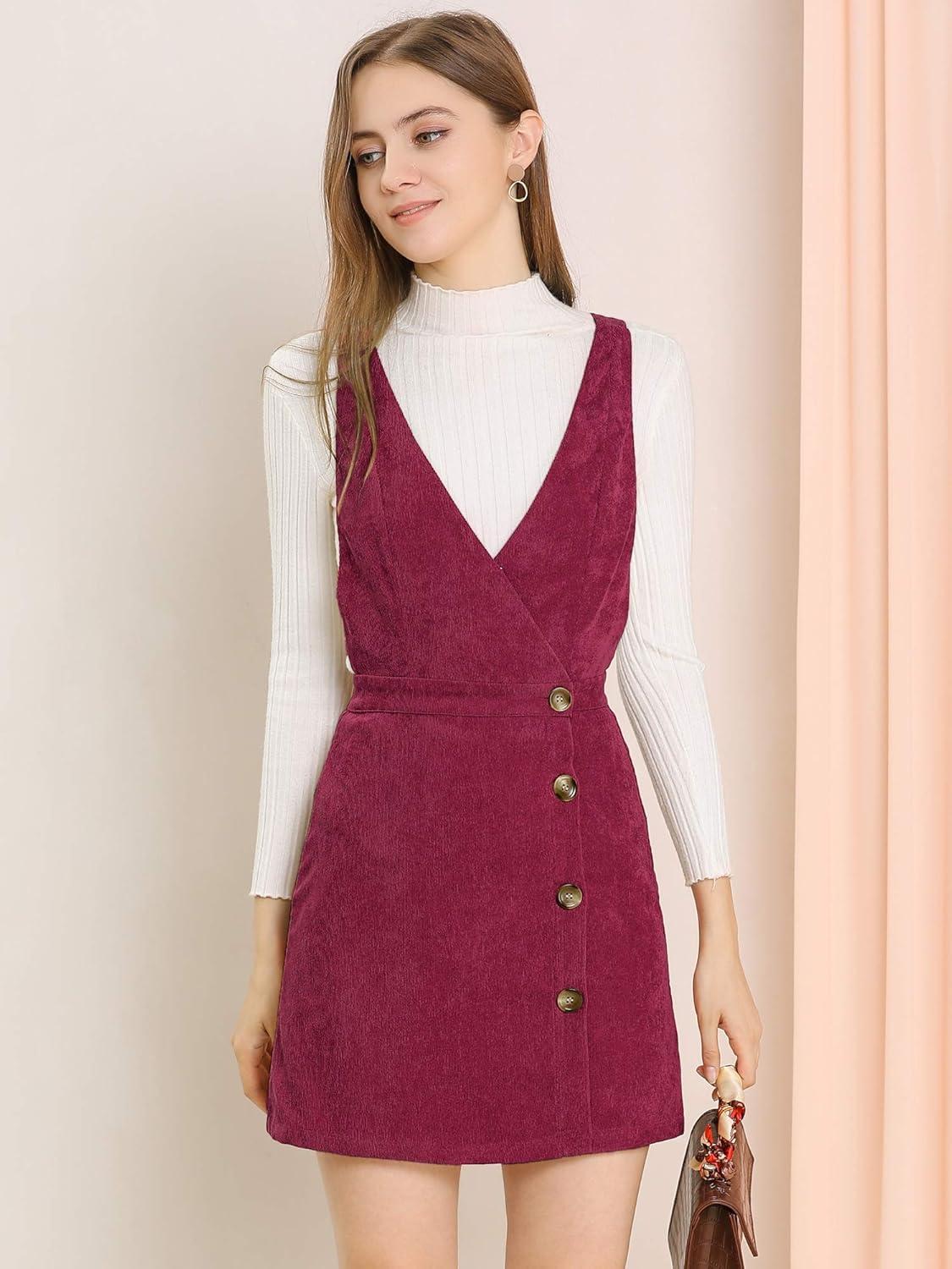 imageAllegra K Womens Corduroy Mini V Neck Vintage ALine Bib Christmas Overall Pinafore DressWine Red
