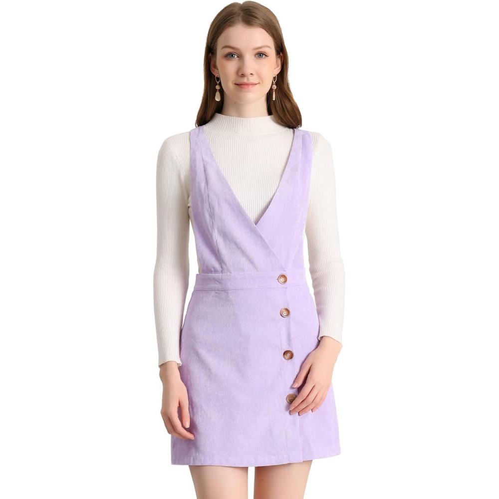 imageAllegra K Womens Corduroy Mini V Neck Vintage ALine Bib Christmas Overall Pinafore DressLight Purple