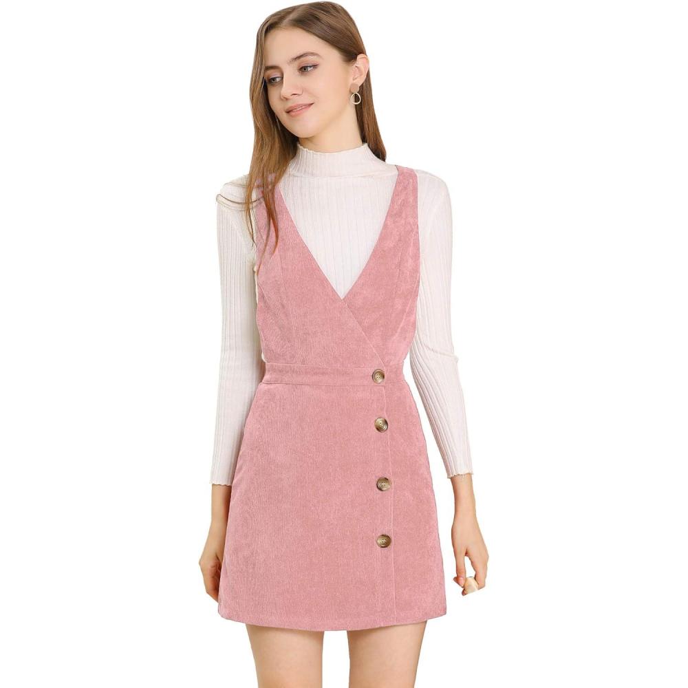 imageAllegra K Womens Corduroy Mini V Neck Vintage ALine Bib Christmas Overall Pinafore DressPink