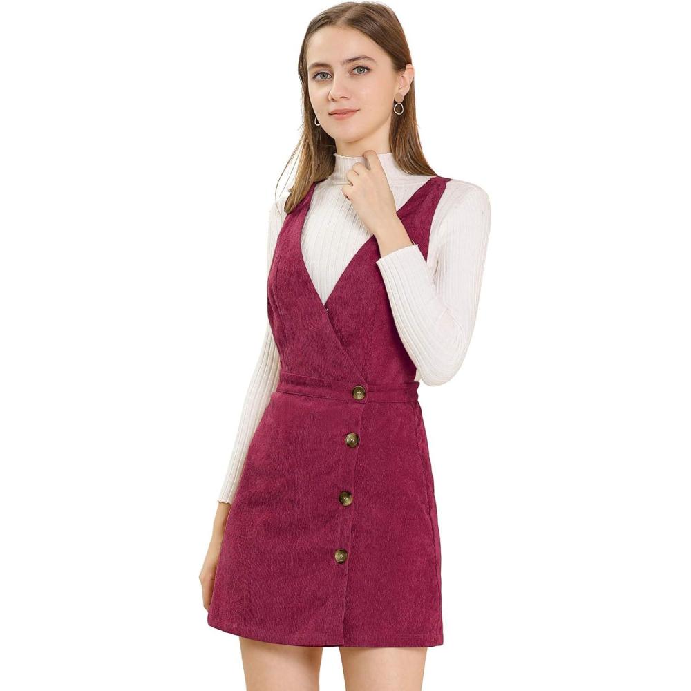 imageAllegra K Womens Corduroy Mini V Neck Vintage ALine Bib Christmas Overall Pinafore DressWine Red